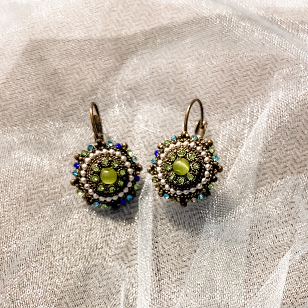 Beaded Green and Blue Brass Color Dangle Earrings